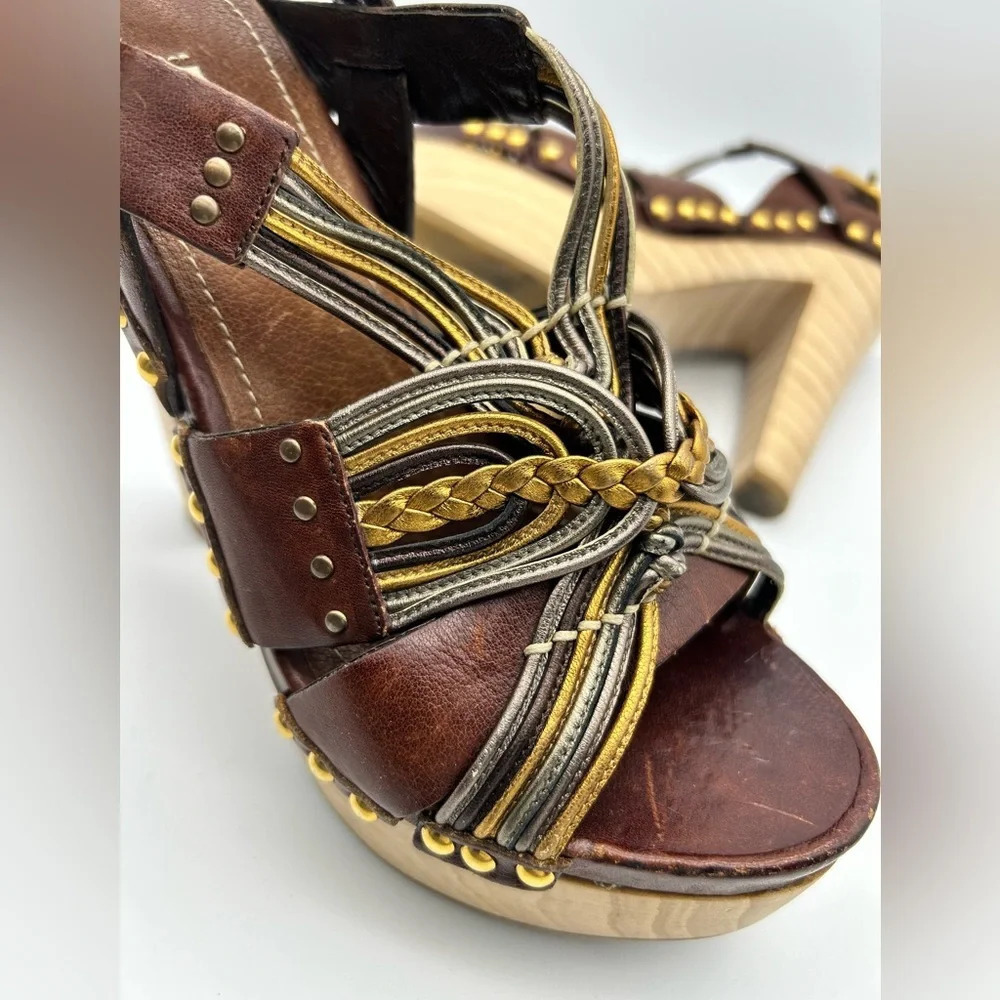 Miu Miu 36 Heel Sling Clog Wedge Platform Stud Brown Leather Wood Y2k boho tall - Picture 14 of 15